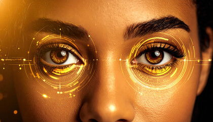 Close up human eye with hologram data.