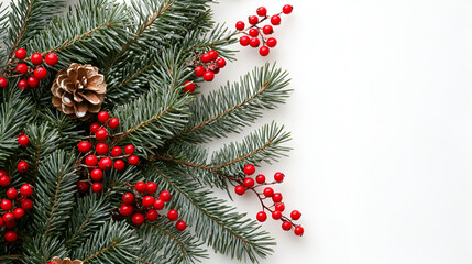 Evergreen branches with red berries and pine cones arranged on a white background, creating a festive holiday border.