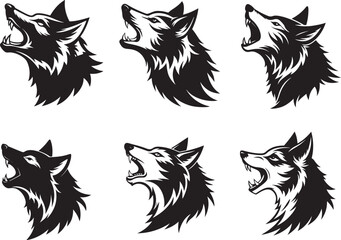Side profile of a wolf head with open mouth, mid-howl silhouette and logo set

