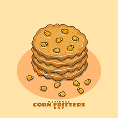 National Corn Fritters Day to celebrate on July 16th. Delicious fried snack crispy golden brown corn fritters on beige background. Food event banner.