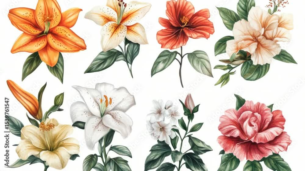 Poster a collection of various flowers on a clean and simple white surface