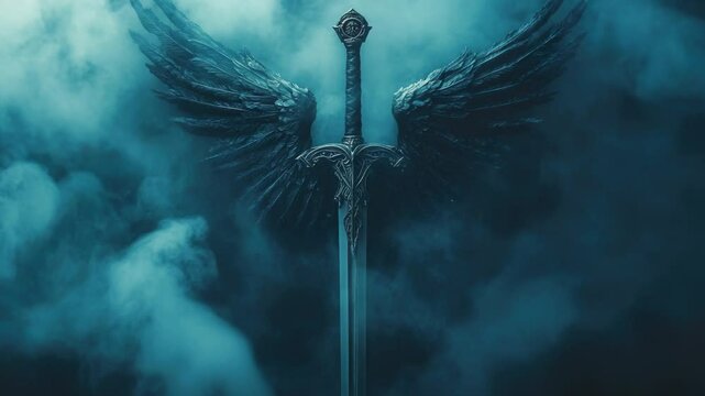 A medieval-style sword with wings integrated into the hilt set against a dark and mysterious backdrop