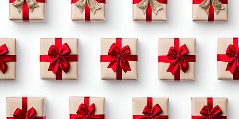 A vibrant set of red gift boxes with ribbons and greeting cards, perfect for any holiday or celebration