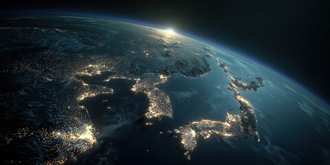 Earth from space at night showcasing vibrant city lights of Japan, South Korea, and China with dramatic illumination against a dark blue cosmic backdrop