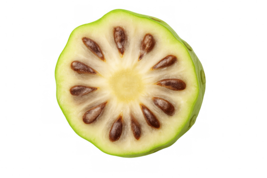 Close-up of a noni fruit slice revealing seeds and inner flesh, isolated on a transparent background