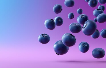 Blueberries falling on a purple gradient background