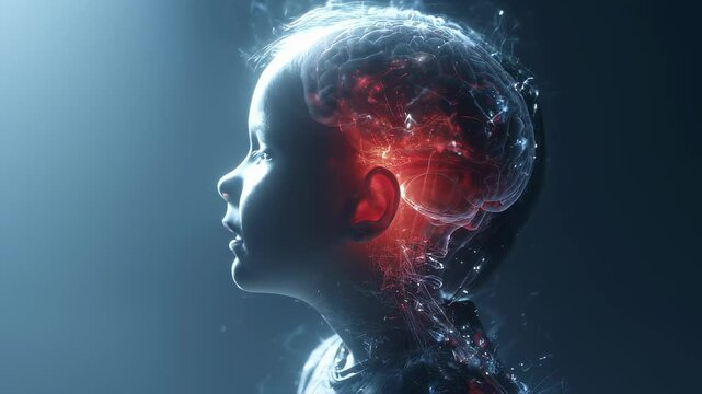Medical visualization revealing glowing auditory pathway within child's brain, highlighting neurological sound perception and sensory learning process through advanced scientific animation