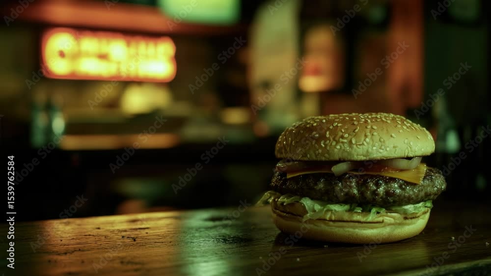 Poster A single hamburger sitting on a wooden table with a rustic background
