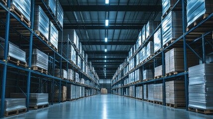 Obraz premium Industrial warehouse with stacked pallets and metal shelves, showcasing organized logistics and efficient storage solutions.