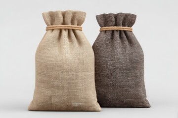 Natural fabric drawstring bags in soft beige and rich brown tones showcasing texture contrast and minimalist style perfect for eco-friendly packaging or decorative storage solutions