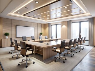 Modern conference room interior design with large wooden table and city view