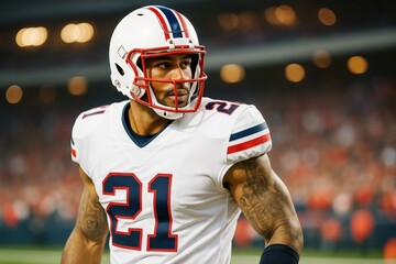 American football player in white uniform number 21 standing on field under stadium lights during game, focused expression, crowd background.