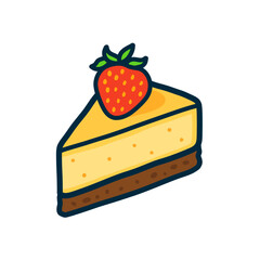 Cute Cartoon Slice of Strawberry Cheesecake on White Background
