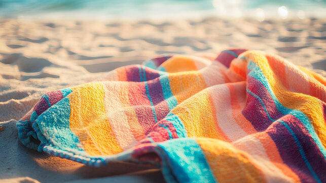 Colorful striped blanket on sandy beach background