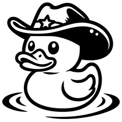 Cute cowboy rubber duck vector illustration in black and white