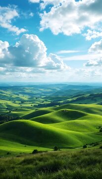 Rolling green hills under a blue sky with fluffy white clouds