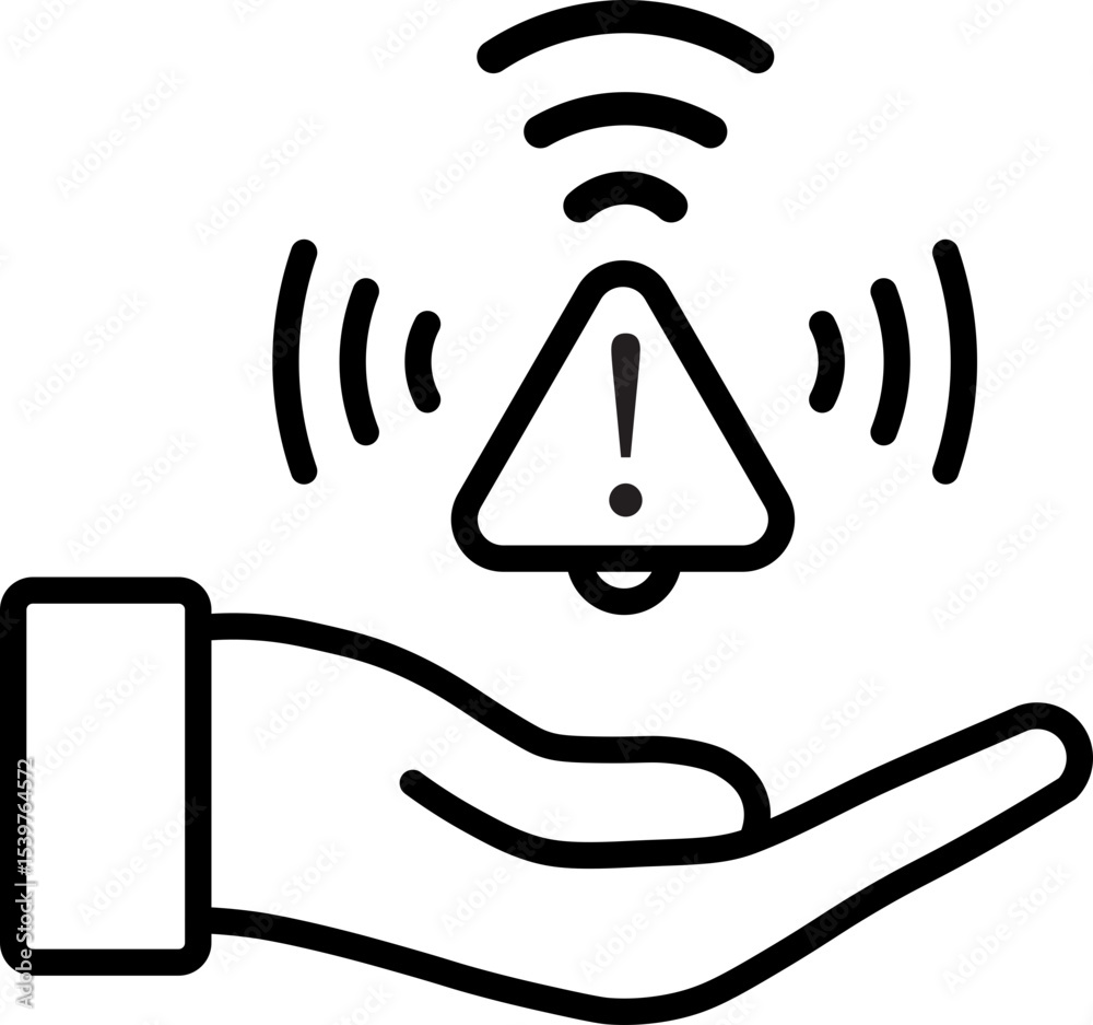 Poster hand icon with warning symbol and wireless signals represents caution or alert in digital communicat