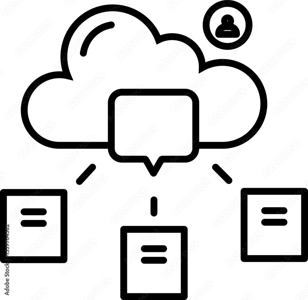Poster cloud computing concept with central cloud icon connected to multiple documents, symbolizing data sh