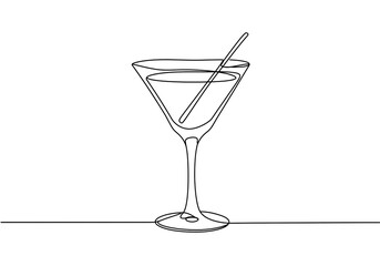 Continuous line drawing of a martini glass with a straw on a white background in vector format