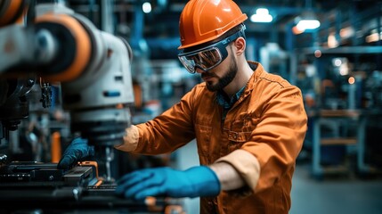 A factory worker using smart glasses to check assembly line efficiency