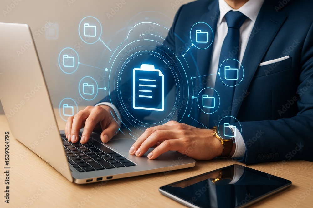 Poster businessman accessing digital document folders on laptop with futuristic holographic interface and g