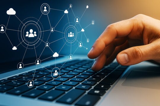 Businessman's hand on laptop keyboard with social network connections and team communication icons on a digital blue technology background concept.