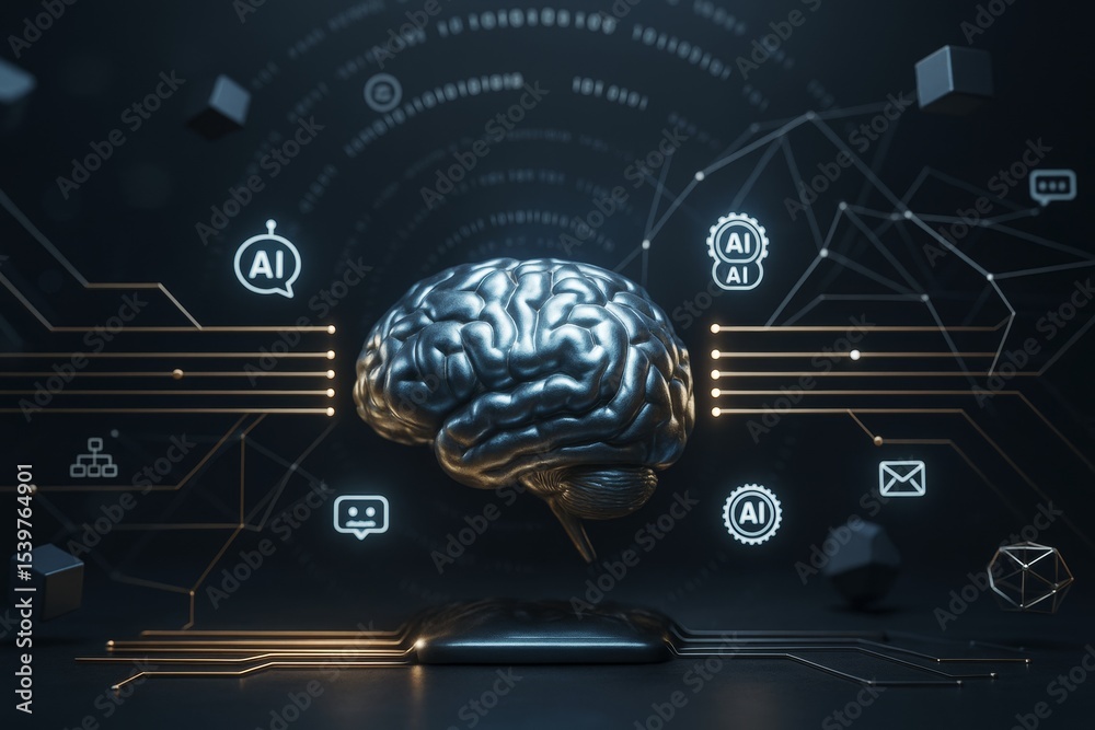 Poster Artificial intelligence brain with glowing circuits and digital symbols on dark abstract technology background with futuristic light elements.