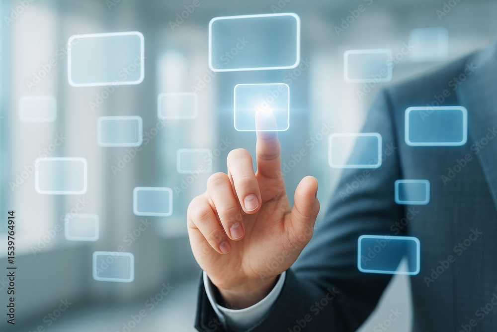 Poster Businessman interacting with virtual touch interface of glowing buttons in digital environment on blurred office background. Ai generative.