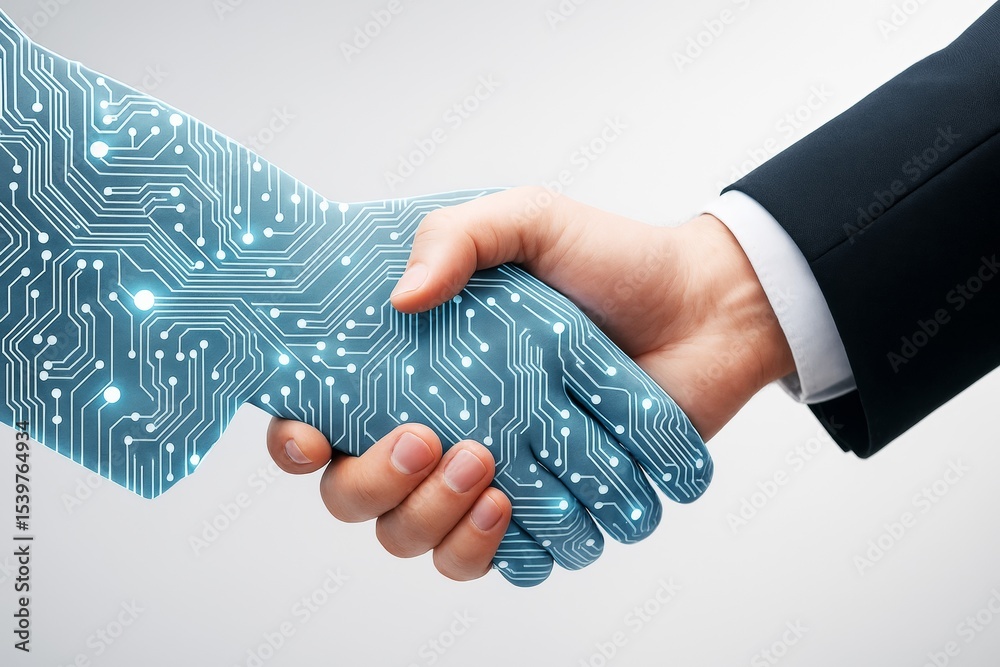 Poster Human and robotic handshake symbolizing digital partnership and technology integration on light background with abstract circuit design concept.