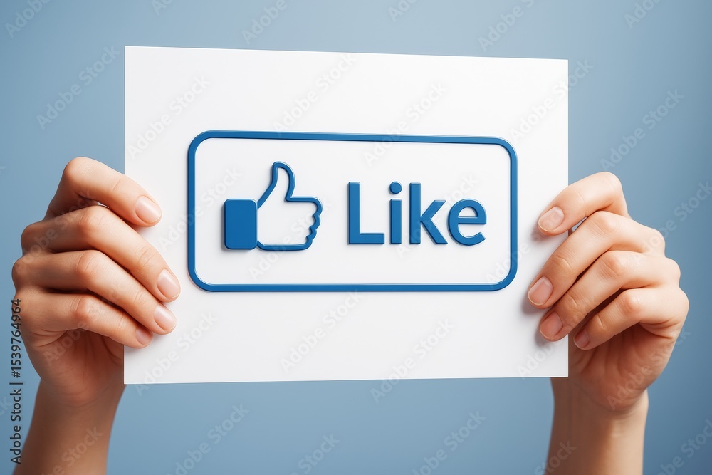 Poster human hands holding a white card with a blue like button symbol and text on a soft blue background, 