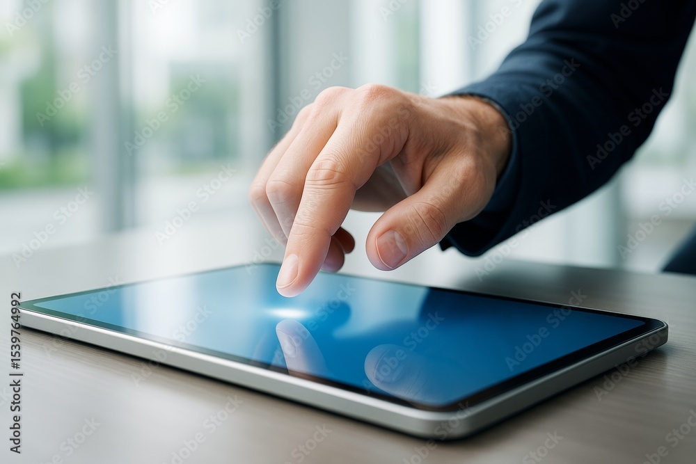 Poster Close-up of hand touching tablet screen in bright office environment, showcasing modern tech interaction and digital user interface concept.