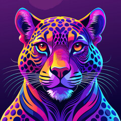 Colorful neon-style artistic depiction of a leopard against a deep purple backdrop, AI Generated 