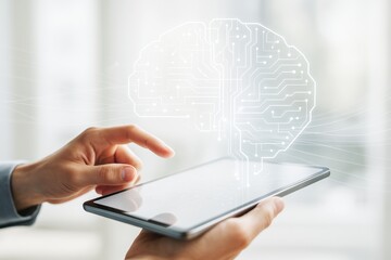 Human hand interacting with digital tablet displaying abstract circuit brain symbolizing artificial intelligence and technology concept in light background.