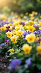 Obraz premium Yellow and purple pansies bloom in a vibrant garden setting