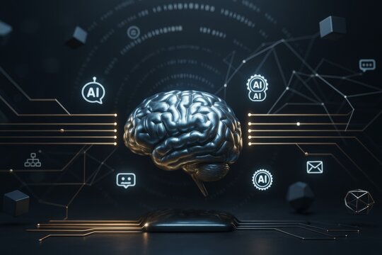 Artificial intelligence brain with glowing circuits and digital symbols on dark abstract technology background with futuristic light elements.