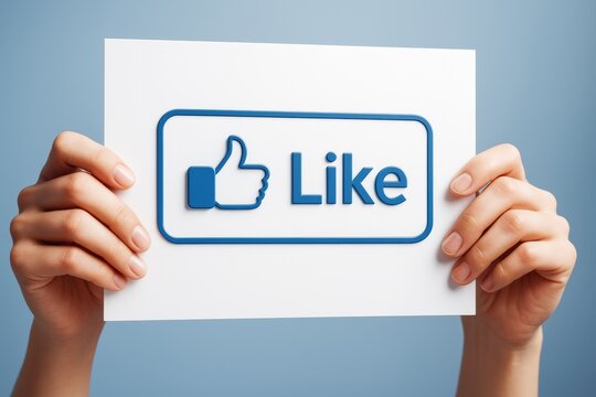 Human hands holding a white card with a blue like button symbol and text on a soft blue background, representing social media approval concept.