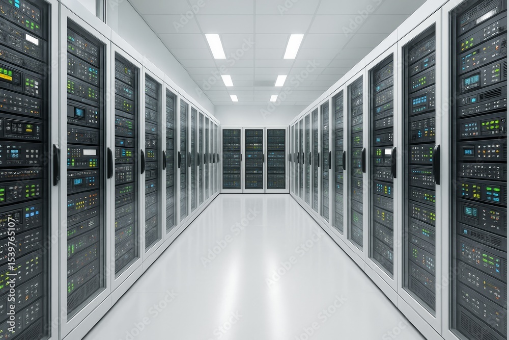 Aufkleber Modern data center interior with rows of server racks and glowing LED indicators under white ceiling lights in a high-tech environment background.