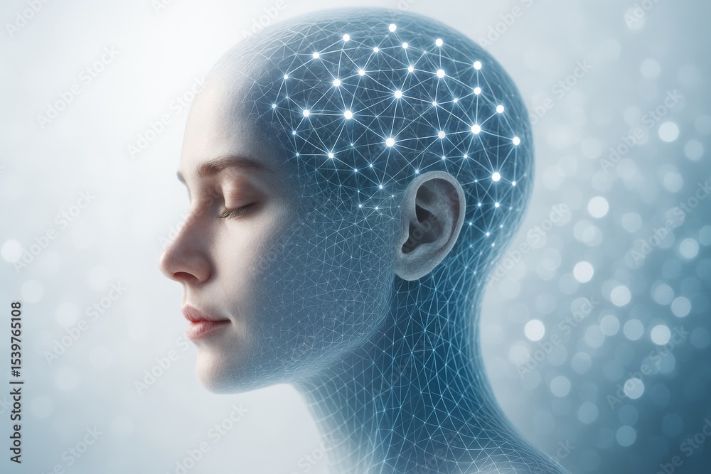 Poster Human head with neural network connections visualized as glowing points and lines on skin, futuristic technology concept on light background.