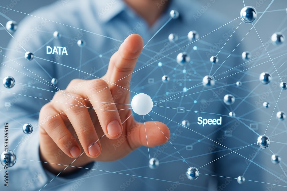 Aufkleber Businessman touching digital network interface representing data and speed connections on a futuristic light blue background with technology focus.