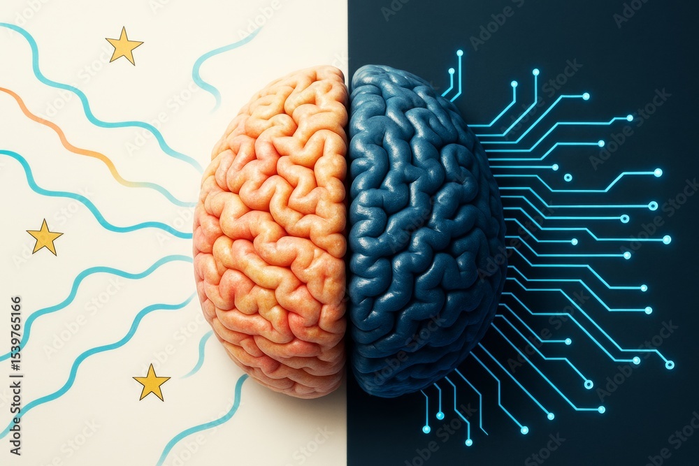Poster Human brain split into creative left and technological right with abstract light background and digital circuit concept illustration.