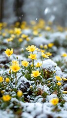 Obraz premium Yellow flowers peek through a blanket of snow in a winter landscape