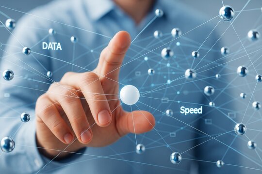 Businessman touching digital network interface representing data and speed connections on a futuristic light blue background with technology focus.