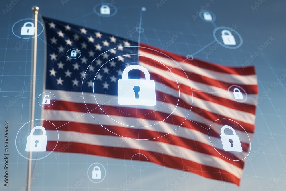 Poster cyber security concept with digital padlocks over american flag background representing national dat