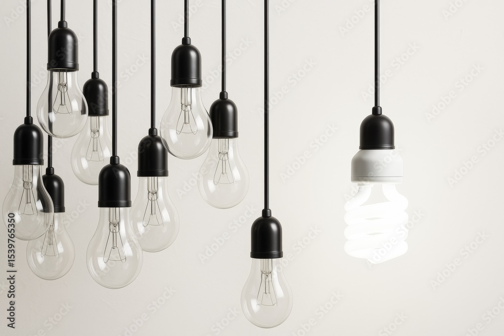 Poster hanging lightbulbs with one lit spiral bulb symbolizing innovation and modern technology on neutral 