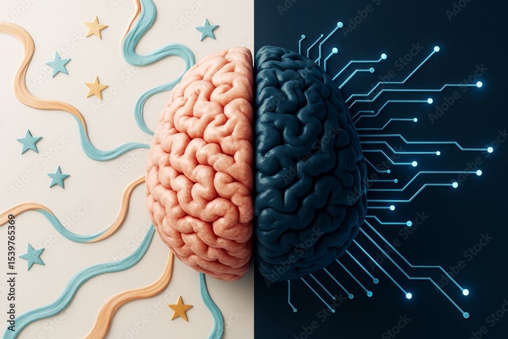 Poster Human brain divided into creative and technological sides with abstract background of stars and circuits illustrating duality of mind and tech.