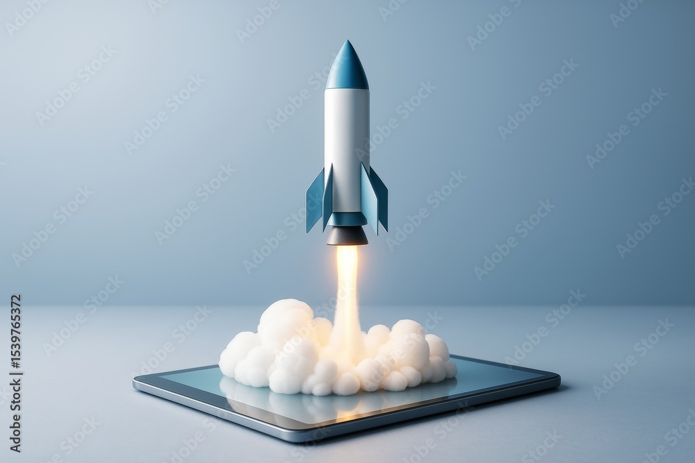 Poster rocket launching from tablet with bright flame and clouds on blue background, symbolizing startup gr