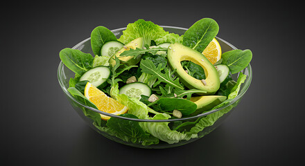 Fresh green salad with avocado cucumber lemon and lettuce in glass bowl