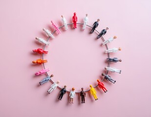 Colorful Miniature Figures Forming a Circle on Pink Background
