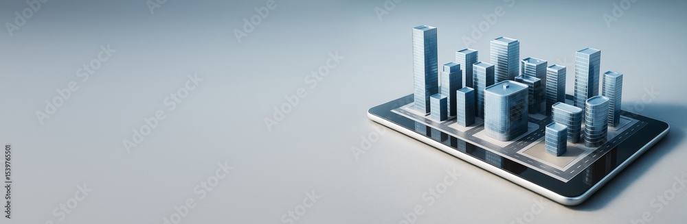 Poster Futuristic cityscape with digital skyscrapers emerging from tablet device on smooth gradient background for business technology concept mockup.