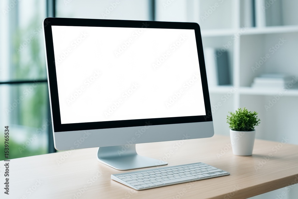 Poster modern desktop computer with blank screen on wooden desk in bright office environment, perfect for t